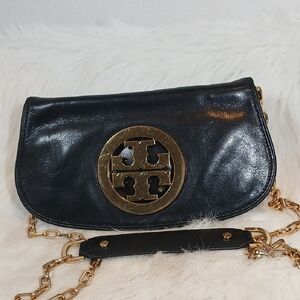 Tory Burch Reva Elegant Black Leather Clutch with Gold Chain